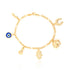 The Women Lucky Charms Bracelet is crafted with 14k gold-filled charms, including a blue evil eye, figa hand, hamsa, elephant, horseshoe, and teardrop charm on a chain.